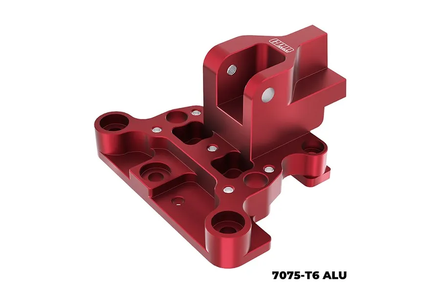 A red anodized aluminium front centre brace mount for an RC vehicle by GPM Racing, shown against a white background.