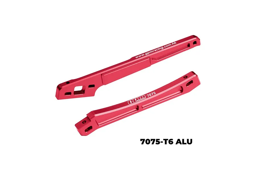 Two red anodized aluminium RC chassis braces from GPM Racing, showing machined details and branding.