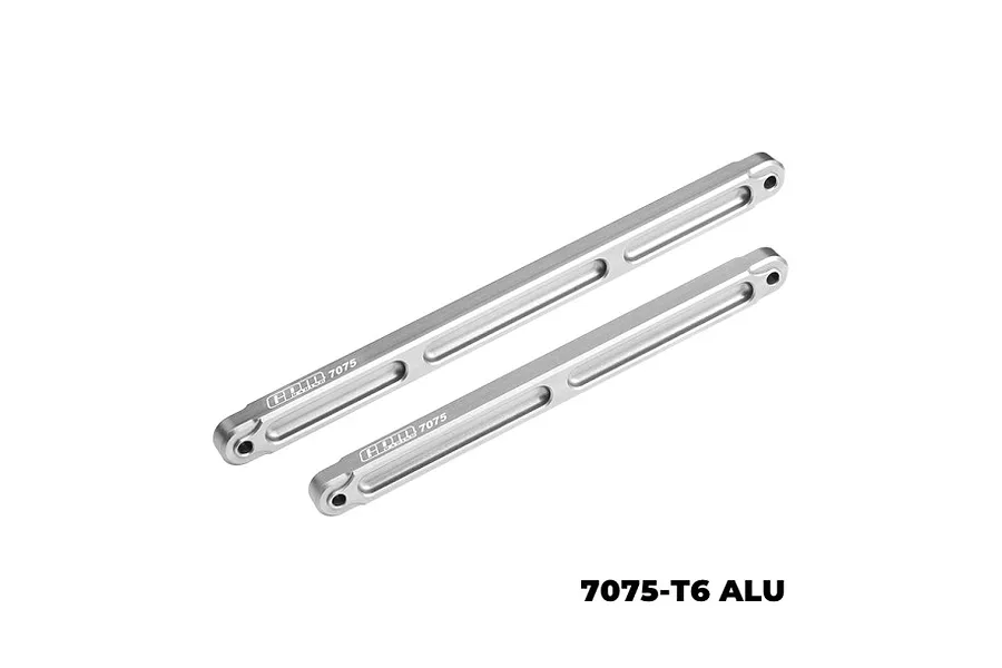 Two silver GPM Racing aluminium centre brace bars for RC cars, featuring machined 7075 alloy construction.