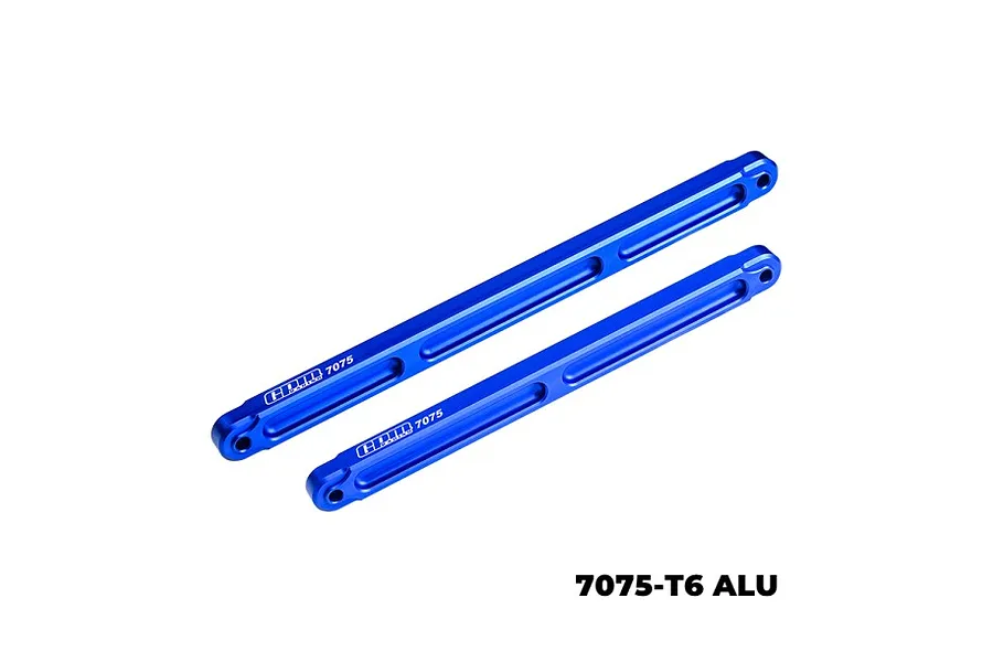 Two blue anodized aluminium centre brace bars for RC cars, featuring GPM Racing branding and 7075-T6 markings.