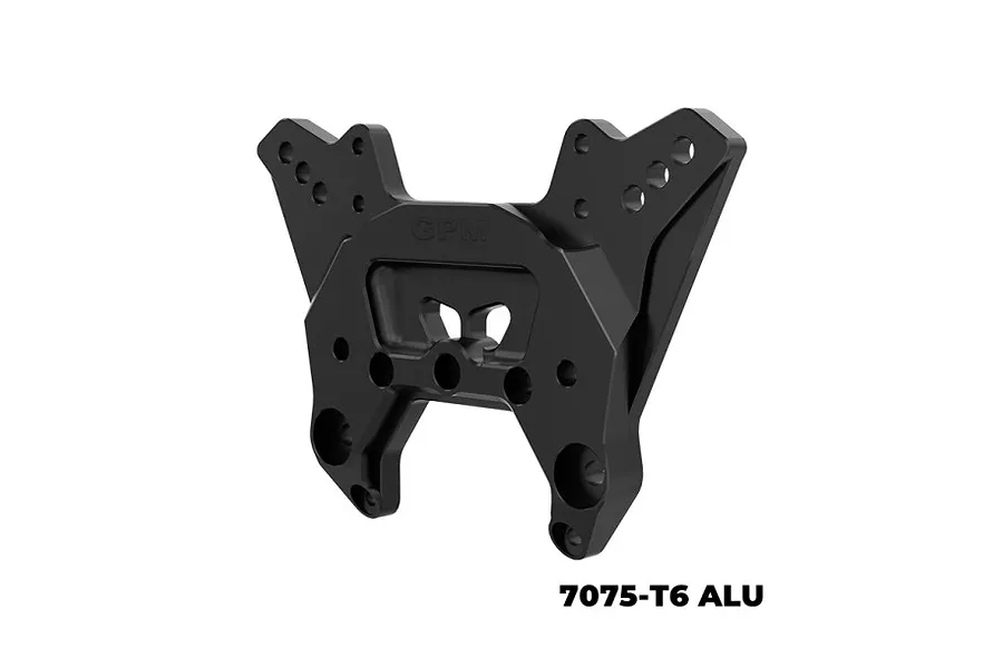 A black GPM Racing aluminium front shock tower for RC vehicles, featuring multiple mounting holes and a machined 7075-T6 aluminium construction.