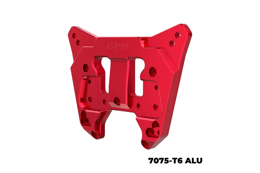 A red anodized aluminium rear shock tower for an RC car by GPM Racing, featuring multiple mounting holes and a machined design.