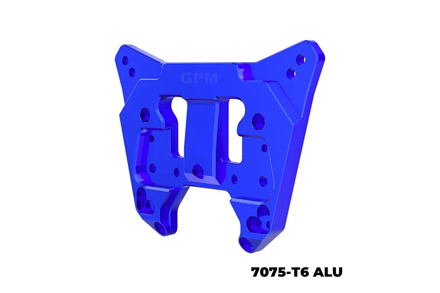 A blue anodized aluminium rear shock tower for an RC car by GPM Racing, featuring multiple mounting holes and a machined design.