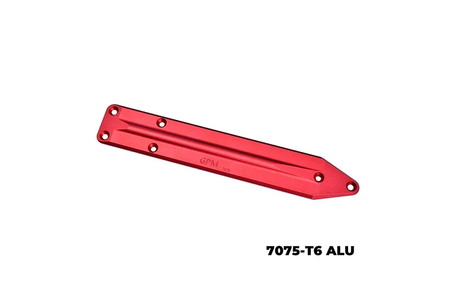 A red anodized aluminium rear skid plate brace for RC cars by GPM Racing, featuring a tapered design and multiple mounting holes.