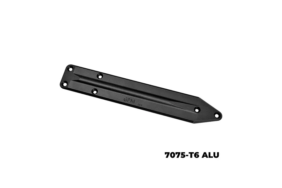 A black GPM Racing aluminium rear skid plate brace for RC cars, featuring a tapered design with multiple screw holes and engraved branding.