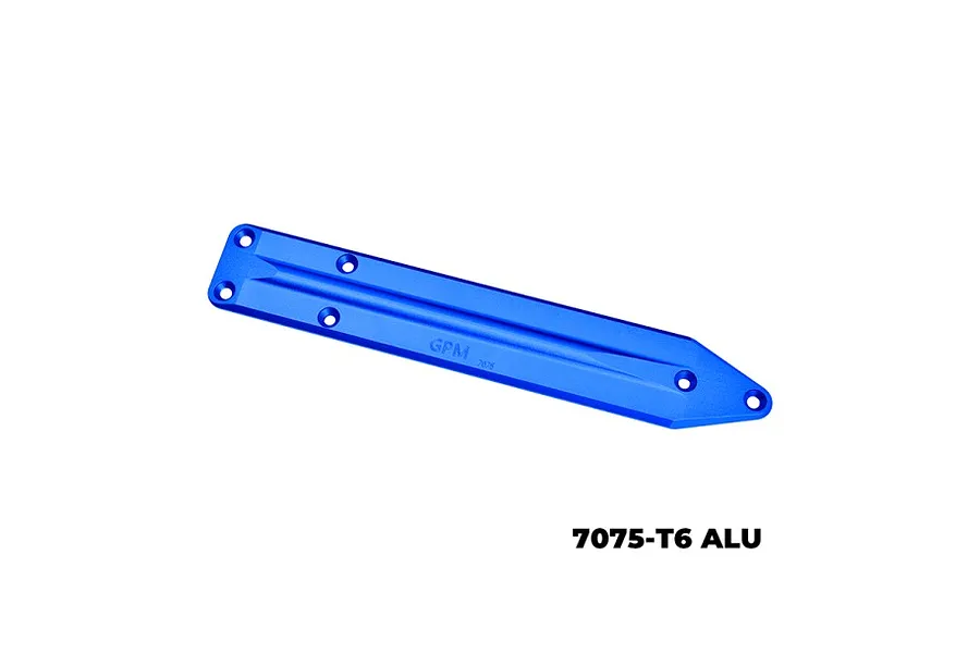 A blue anodized aluminium GPM Racing rear skid plate brace for RC vehicles, featuring a long, narrow design with multiple mounting holes.