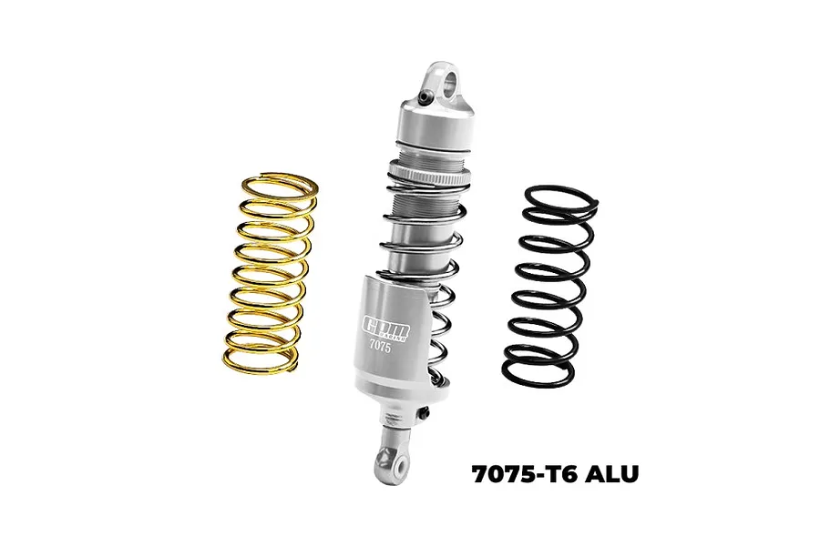 A silver GPM Racing aluminium rear shock absorber for an RC motorcycle with two additional springs, one gold and one black, on a white background.