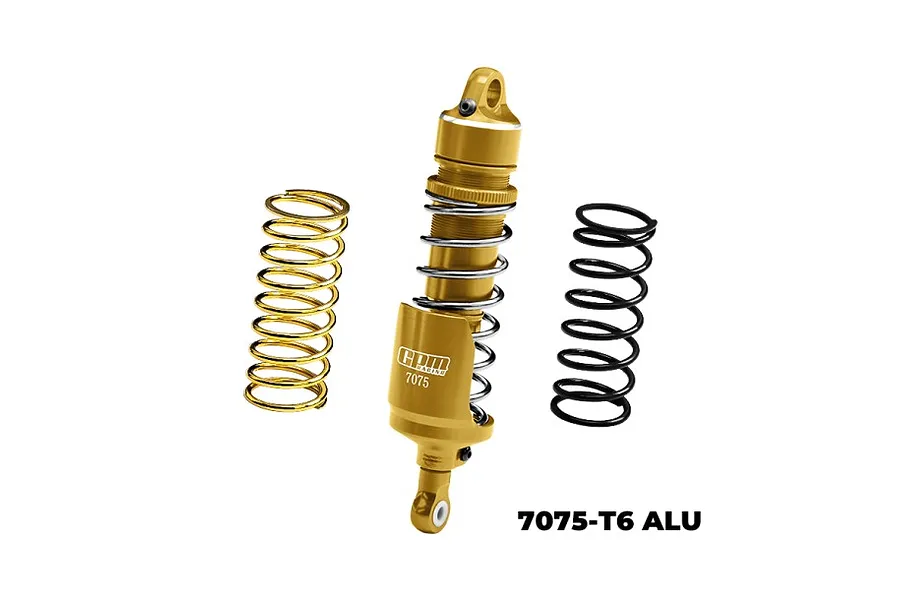 A gold GPM Racing aluminium rear shock absorber with two separate springs, one gold and one black, on a white background.