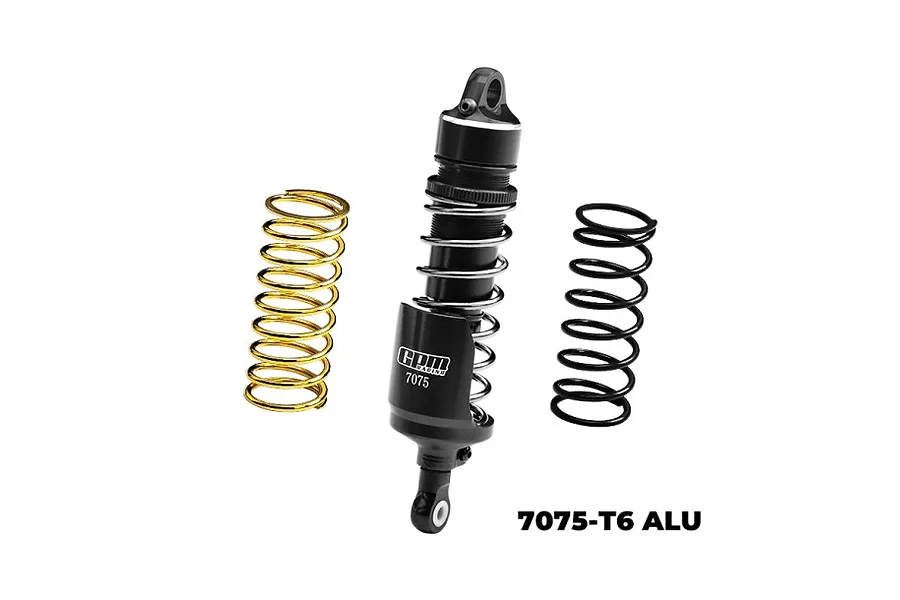 A GPM Racing black aluminium rear shock absorber for RC motorcycles, shown with one gold and one black spare spring on a white background.