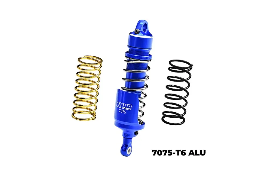 A blue GPM Racing aluminium rear shock absorber for an RC motorcycle, shown with two additional springs in gold and black against a white background.