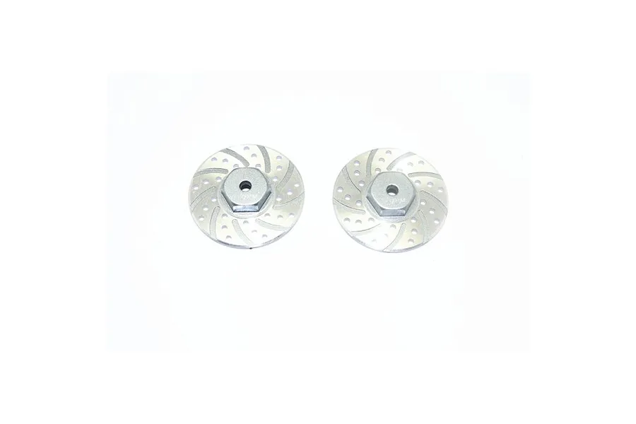 Two GPM Racing aluminium 12mm wheel hexes with integrated brake disc detail in a grey silver finish.