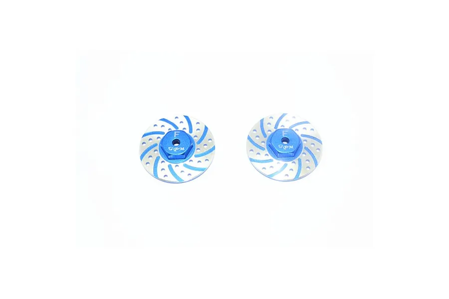 Two blue and silver GPM aluminium 12mm wheel hexes with integrated brake disc styling, viewed from the front against a white background.