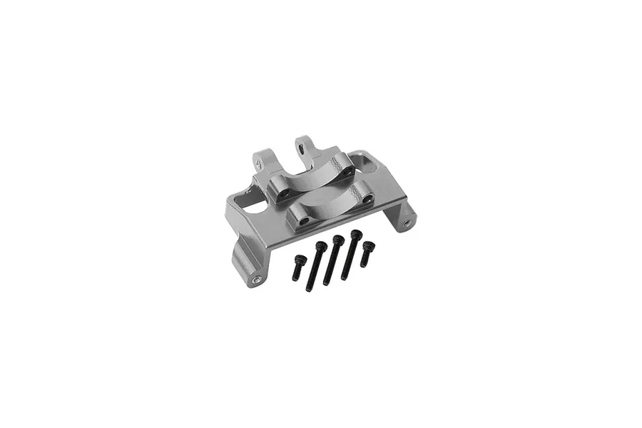 A grey aluminium servo mount for an RC car, shown with five small black mounting screws on a plain white background.