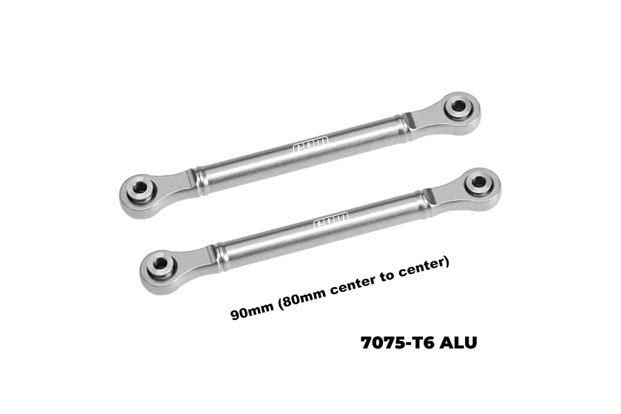 Two silver GPM Racing aluminium camber links for RC cars, shown against a plain white background.