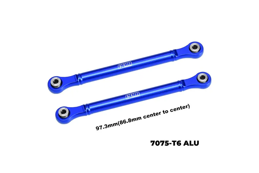 Two blue anodized aluminium GPM Racing steering toe links for RC cars, featuring metal pivot balls at each end.