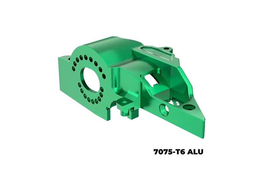 A green anodized aluminium integrated motor base for an RC car, featuring a circular motor mount pattern and GPM branding.
