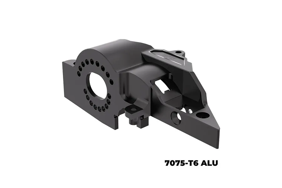 A black GPM Racing aluminium integrated motor base for RC cars, featuring a circular motor mount with cooling holes and 7075-T6 aluminium branding.