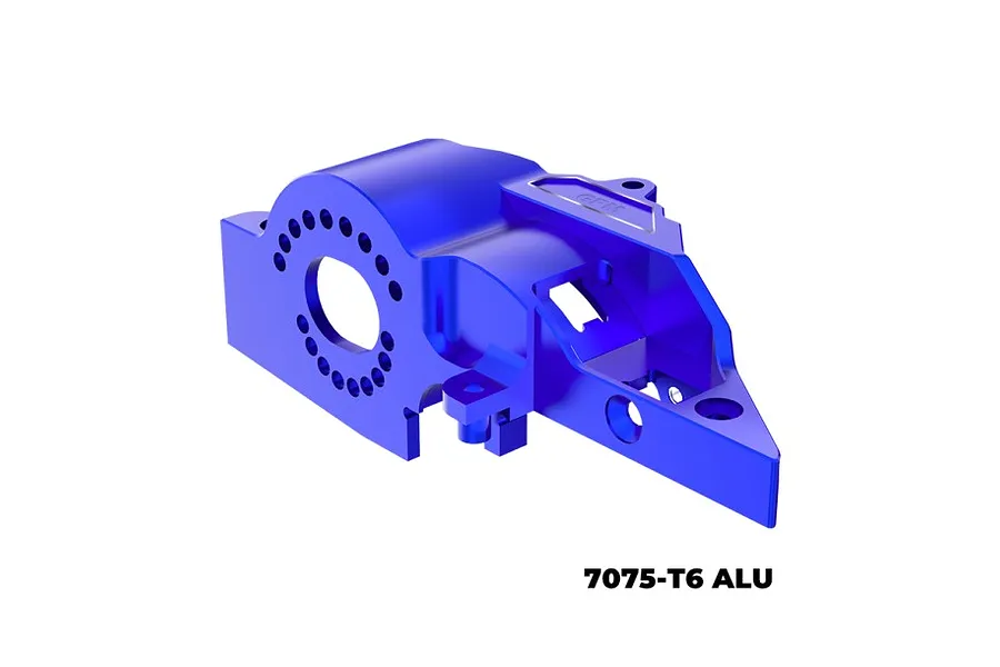 A blue anodized aluminium integrated motor base for RC cars by GPM Racing, featuring a circular motor mount pattern and 7075-T6 aluminium construction.
