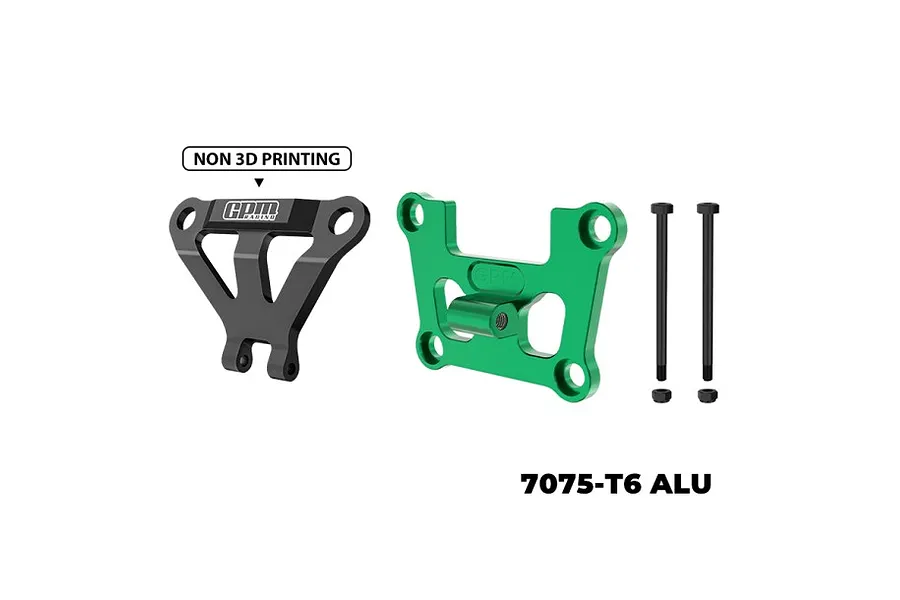 GPM Racing aluminium front bulkhead and bumper mount brace set in green, featuring two metal brackets and two long screws on a white background.
