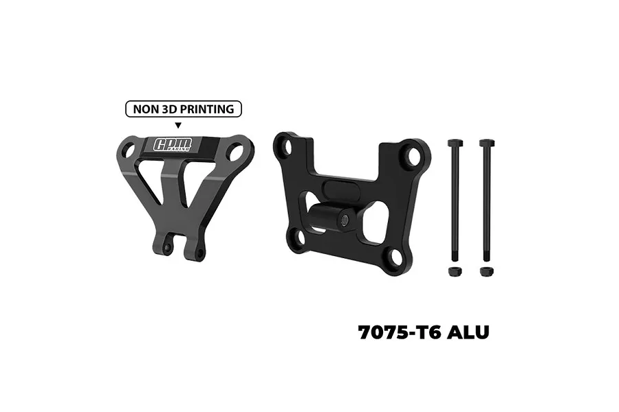 GPM Racing black aluminium front bulkhead and bumper mount brace set for RC cars, including two metal plates, two long screws, and two nuts.