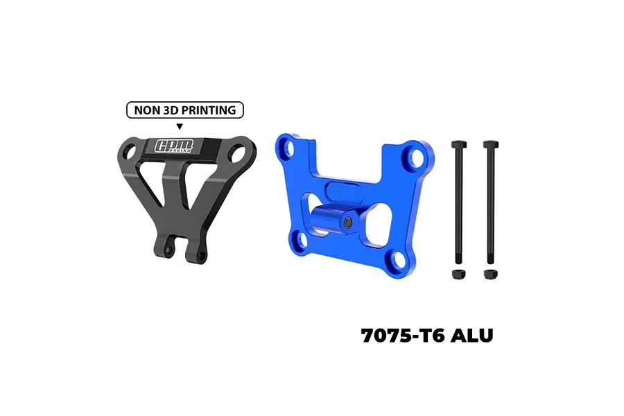 GPM Racing blue and black aluminium front bulkhead and bumper mount brace set for RC cars, including screws and nuts.