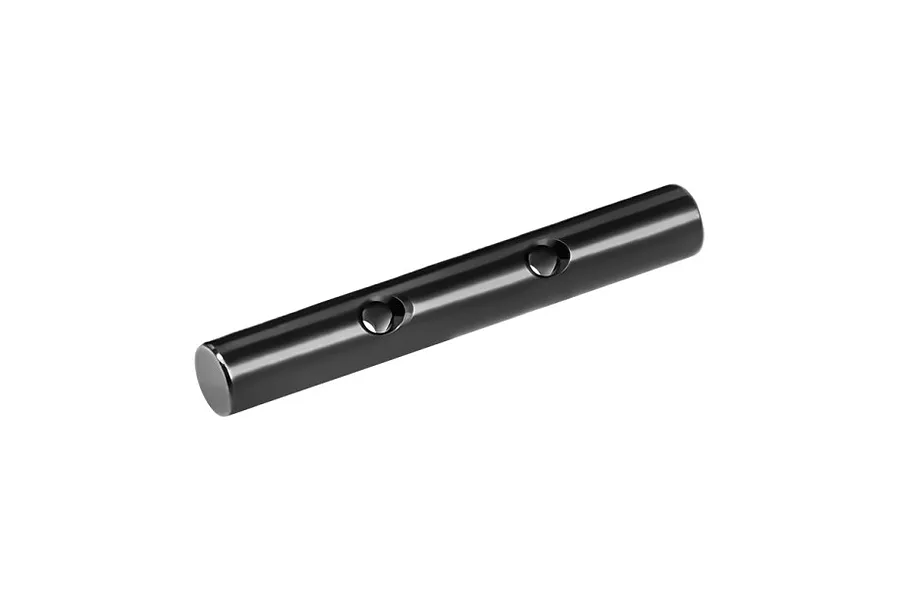 A black carbon steel transmission input shaft for an RC car, featuring two circular indentations along its length, isolated on a white background.