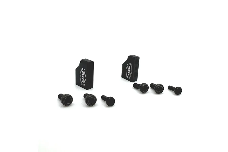 Two black aluminium Reefs RC mini servo mounting tabs with six matching black screws on a white background.