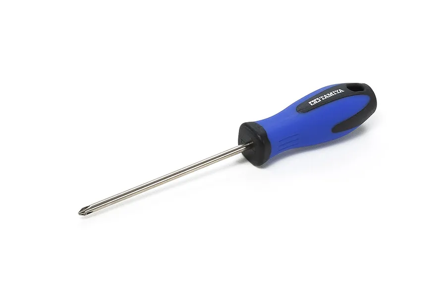 A Tamiya Pro-M #1 Phillips head screwdriver with a blue and black ergonomic handle on a white background.
