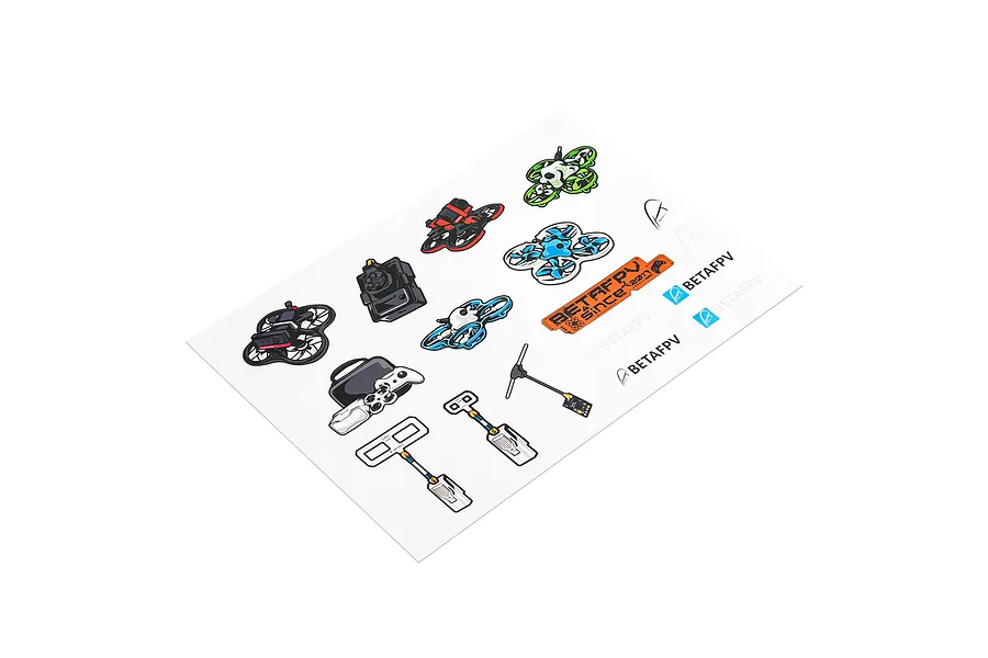 A sheet of BetaFPV branded stickers featuring various drone models, radio controllers, antennas, and logos.