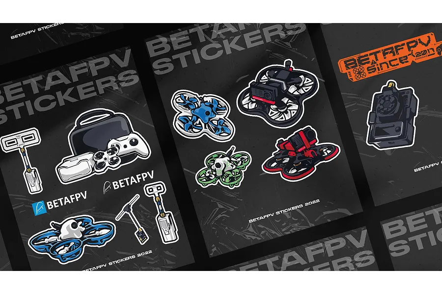 A sheet of BetaFPV branded stickers featuring various drone models, radio controllers, and antennas on a dark grey background.