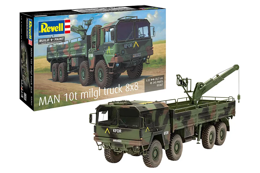 Revell 1/35 scale MAN 10t milgl 8x8 truck model kit box and the fully assembled, painted model truck with a crane.