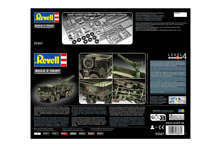 The back of a Revell MAN 10T Milgl 8x8 truck model kit box, showing plastic parts sprues, finished model photos, and product information.
