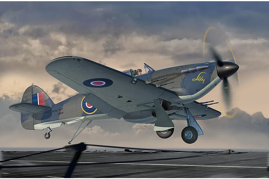 An artistic illustration of a Hawker Sea Hurricane Mk.IIC fighter plane landing on an aircraft carrier deck under a cloudy sky.