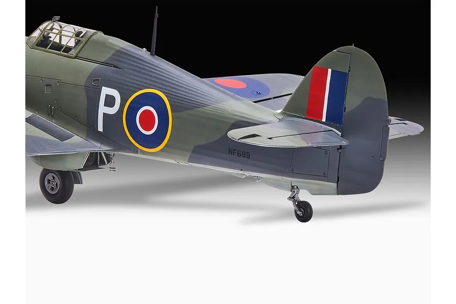 A detailed side view of a 1/32 scale plastic model of a Hawker Sea Hurricane Mk.IIC fighter aircraft, showing the rear fuselage, tail, and landing gear.