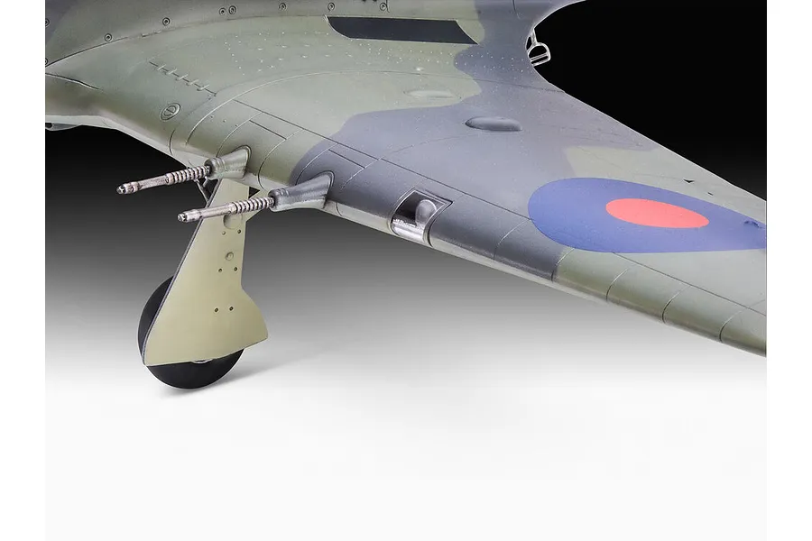 Close-up of the wing and landing gear of a 1/32 scale Hawker Sea Hurricane model aircraft featuring camouflage paint and RAF roundel.