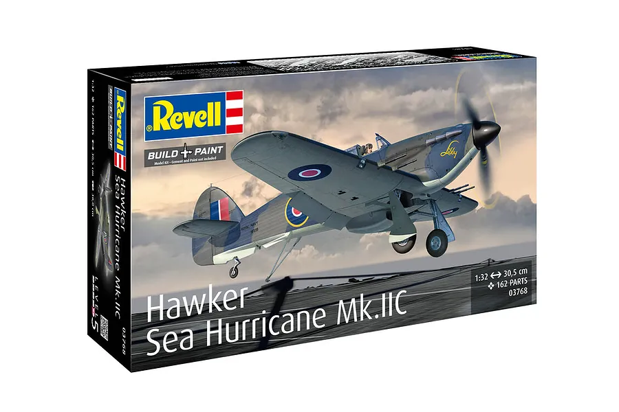 Revell 1/32 scale Hawker Sea Hurricane Mk.IIC plastic model kit box showing an illustration of the fighter aircraft in flight.
