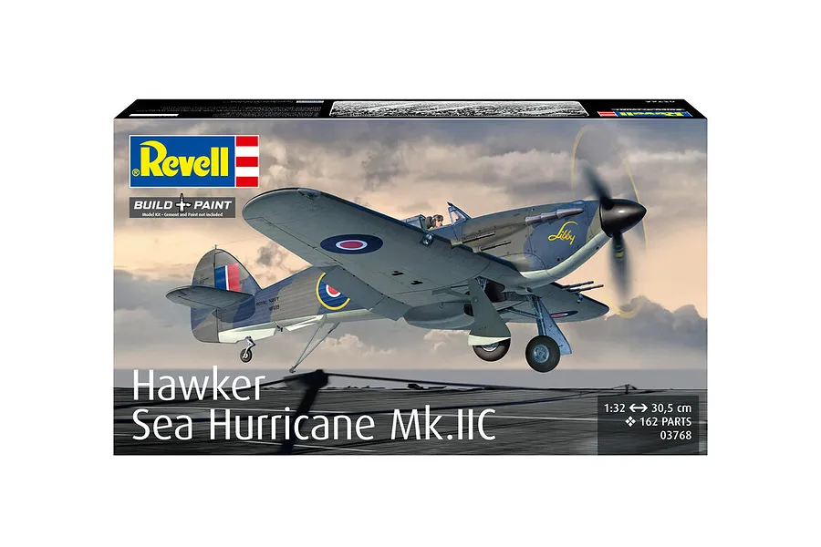 Revell 1/32 scale Hawker Sea Hurricane Mk.IIC plastic model kit box art showing the aircraft in flight over a carrier deck.