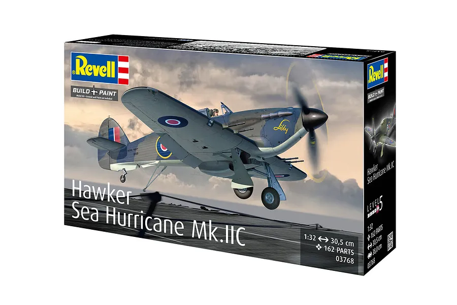 Revell 1/32 scale Hawker Sea Hurricane Mk.IIC plastic model kit packaging showing a painted model of the fighter aircraft in flight.