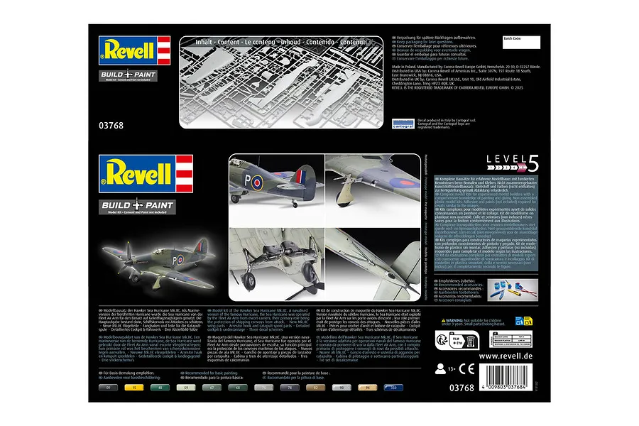 Back of the Revell 1/32 Hawker Sea Hurricane Mk.IIC model kit packaging showing assembly photos, product details, and safety information.