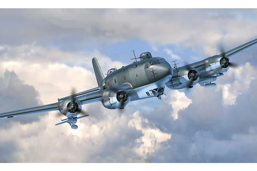 Digital illustration of a Focke-Wulf Fw 200 Condor bomber flying through a cloudy sky.
