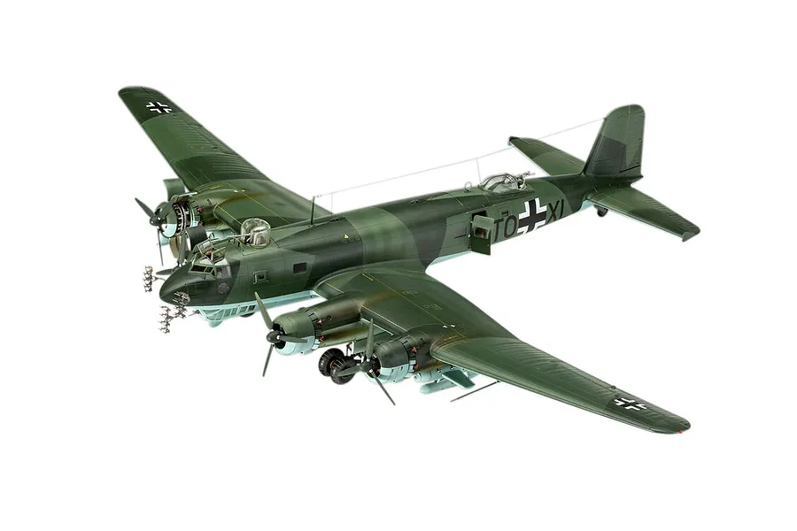 A completed 1/72 scale plastic model of a Focke-Wulf Fw 200 Condor bomber, painted in dark green camouflage with German military markings.