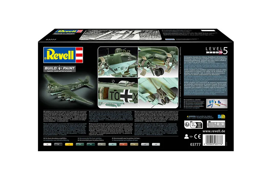 Rear view of the Revell Focke-Wulf Fw 200 C-5/C-8 Condor model kit packaging, showing product photos, assembly level 5, and multilingual descriptions.