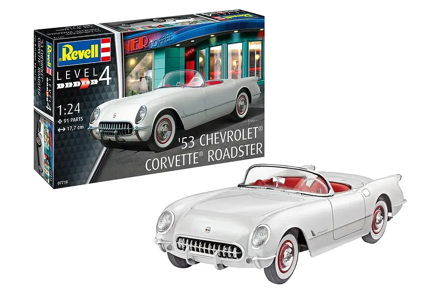 A Revell 1/24 scale 1953 Chevrolet Corvette Roadster plastic model kit box next to a fully assembled and painted white model car.