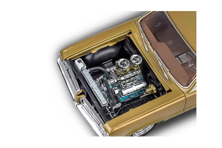 High-angle close-up of a gold 1964 Pontiac GTO model car with the hood open, revealing a detailed chrome engine bay.