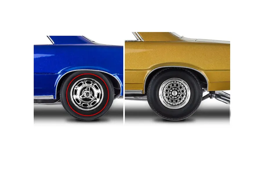 Close-up comparison of two different wheel and tire styles on a 1/24 scale model Pontiac GTO, showing a blue car with redline tires and a gold car with custom wheels.