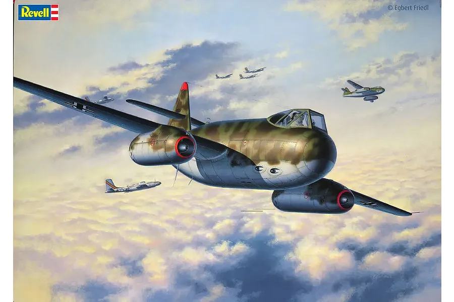 Box art illustration of a Messerschmitt P.1099A aircraft flying above clouds with other planes in the background.