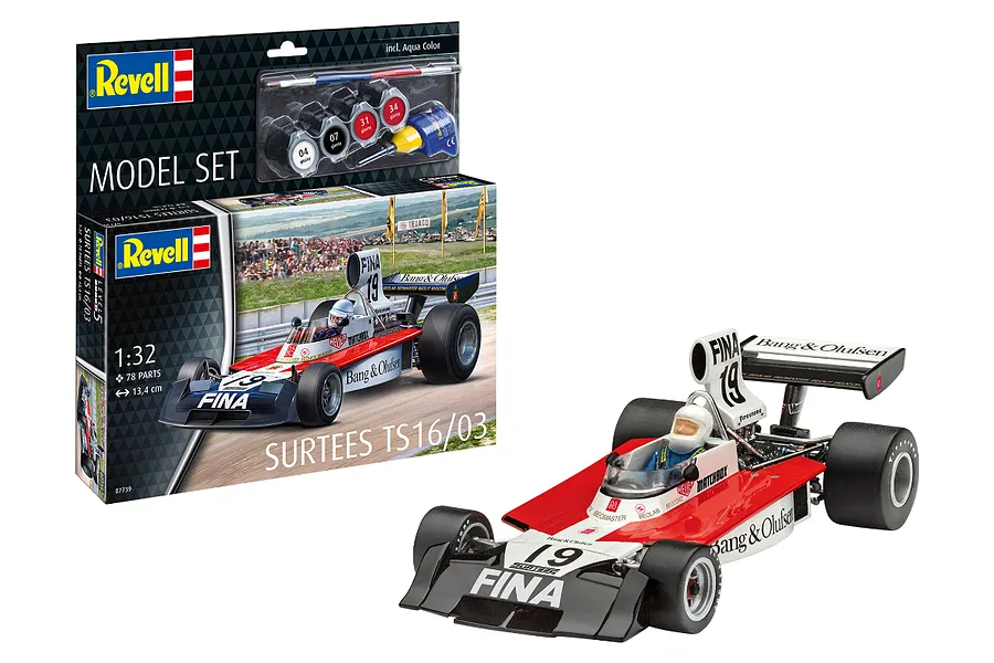 Revell 1/32 scale Surtees TS16/03 Formula 1 model kit box and a fully assembled and painted model car on a white background.
