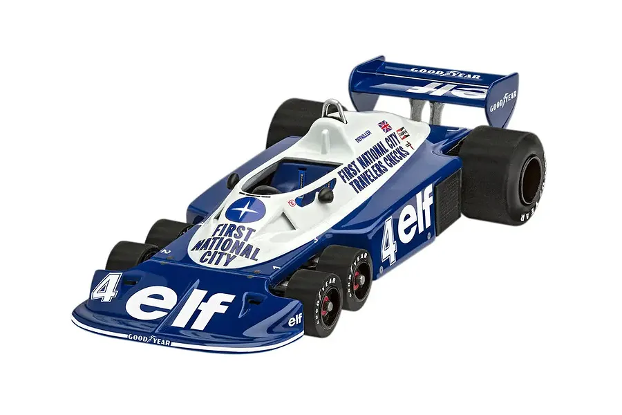 A fully assembled 1/32 scale model of the Tyrrell P34 six-wheeled Formula 1 race car in blue and white livery with Elf and First National City branding.