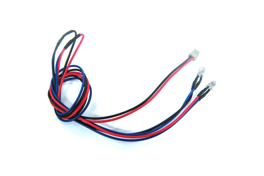 A pair of 3mm blue LED lights connected by red and black wires with a small white connector plug.