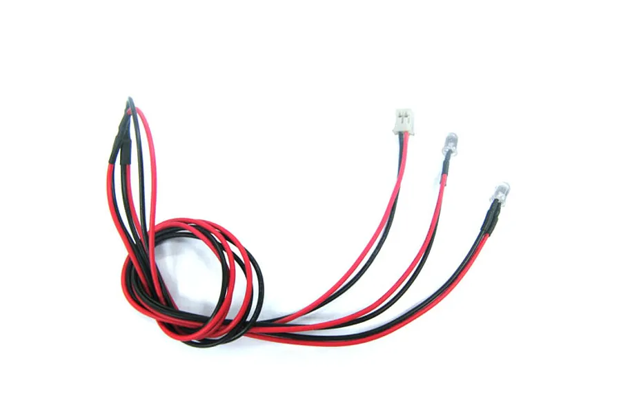 A Yeah Racing 3mm LED light set with two clear LED bulbs connected by red and black wires to a small white connector.